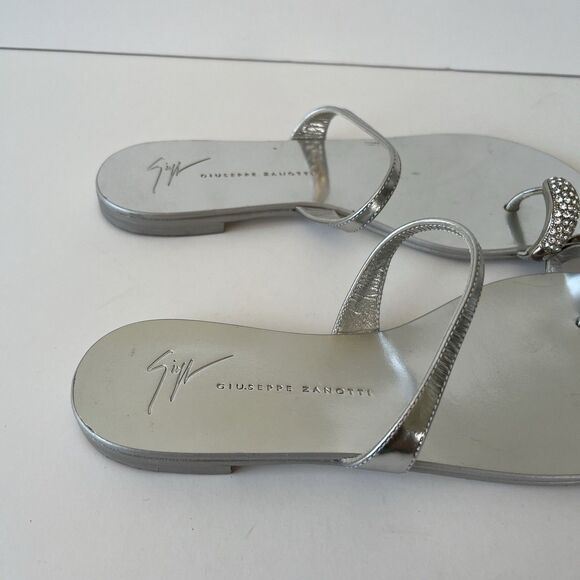 Giuseppe Zanotti Ring Silver Flat Sandals Crystal Embellished Toe Size 6/36 - Picture 12 of 14
